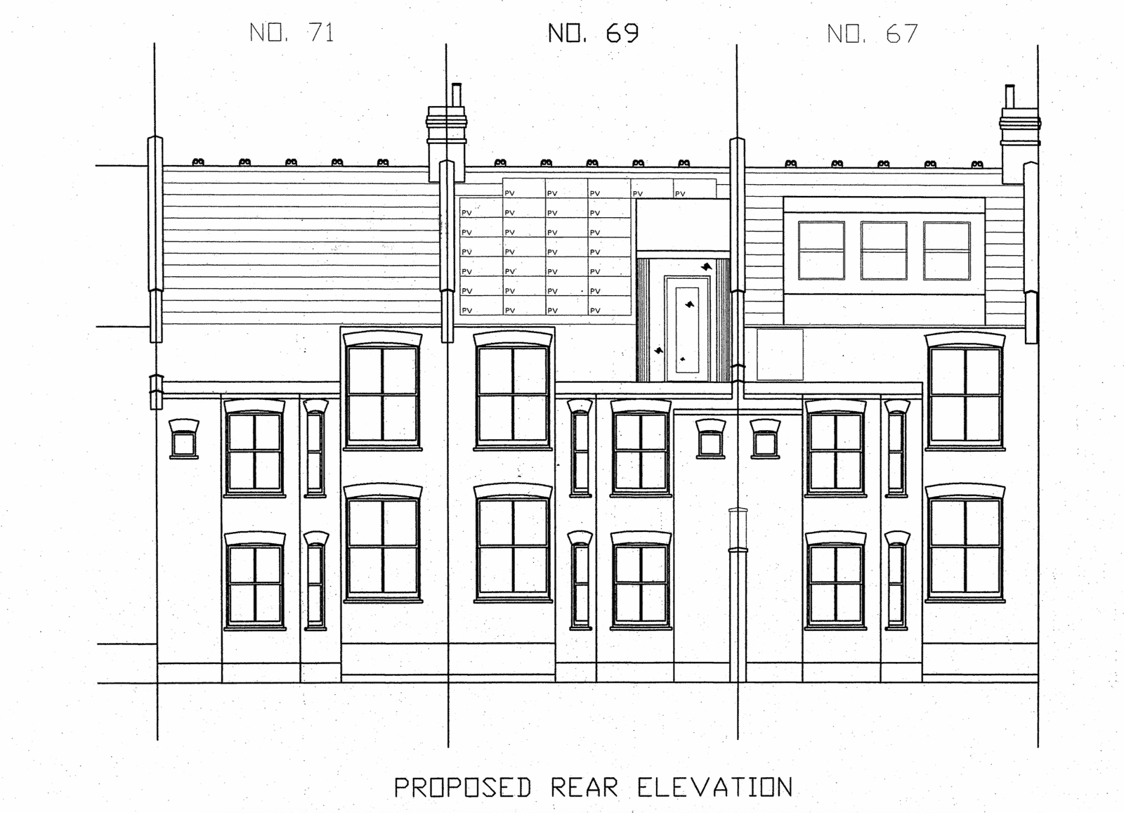 Proposed rear elevation, 2001: Nos. 71, 69 and 67 Keslake Road, with a photovoltaic panel array across the rear roof of No. 69. Refused by Brent Council